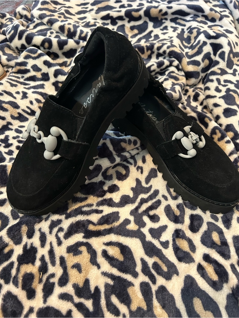 Matisse Hutch Black Suede Loafers with Light Gray Chain Accent
